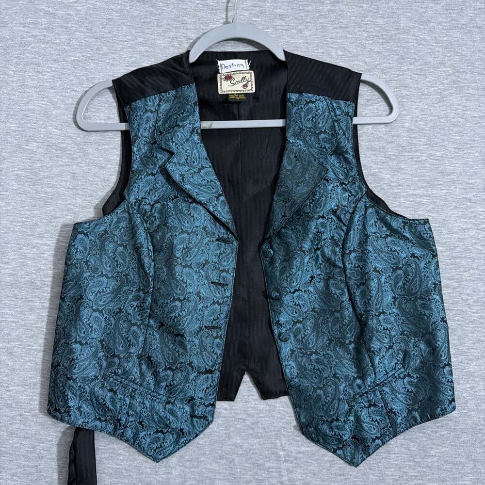 Scully Women's Medium Green Satin Paisley Print Button Up Western Vest